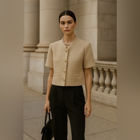 Derek Lam 10 Crosby Tweed Short Sleeve Gold Button Cotton Blend Blazer Jacket - Picture 1 of 9